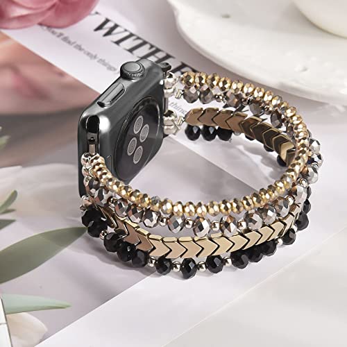 MOFREE Beaded Bracelet Compatible with Apple Watch Band 38mm/40mm/41mm/42mm, Fashion Elastic Stretch Women Bands for iWatch Series 11/10/9/8/7/SE/6/5/4/3/2/1 iPhone Watch Strap Bands (Black/Gray/Gold) - Image 2