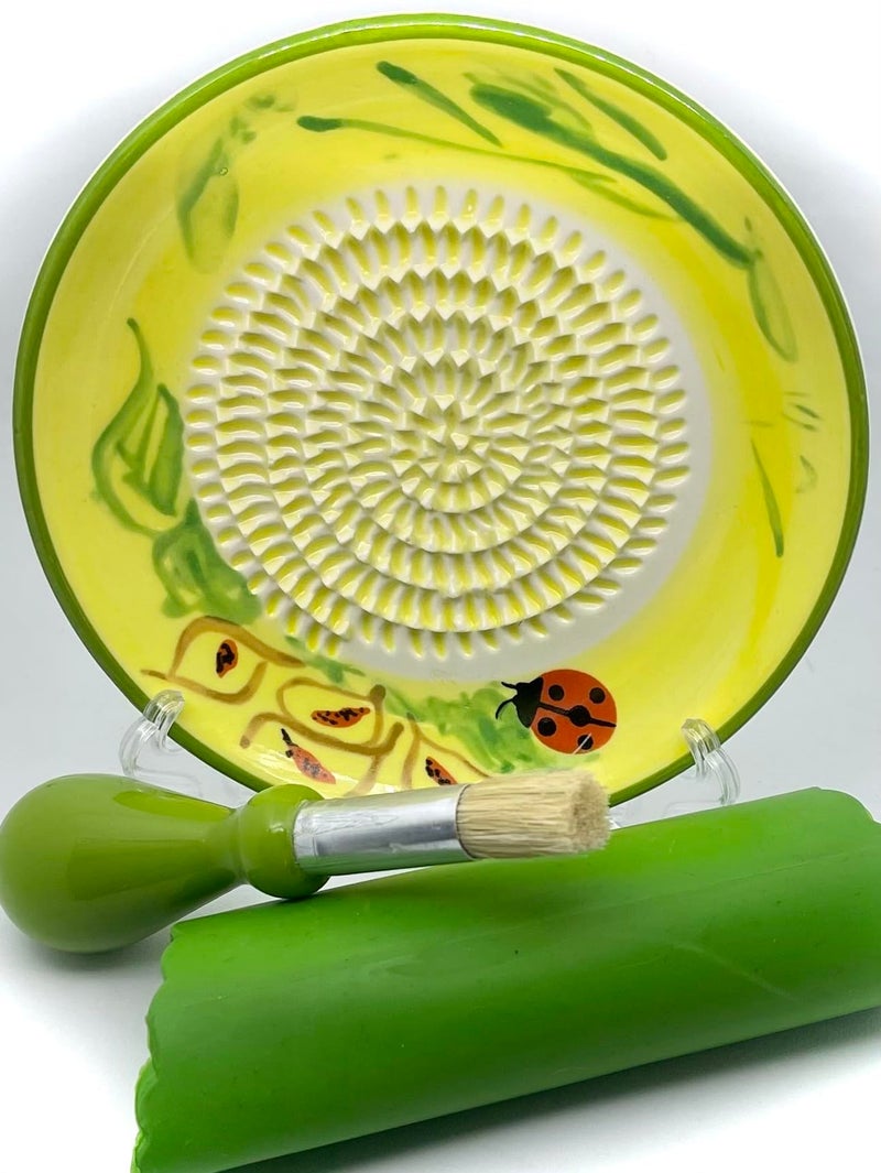 BonCera Allinone Premium Ceramic Garlic Grater Plate 4Piece Set Ladybug Design Classic Style For Garlic Ginger Chocolate and more Comes with 525 Plate Peeler Brush and Stand