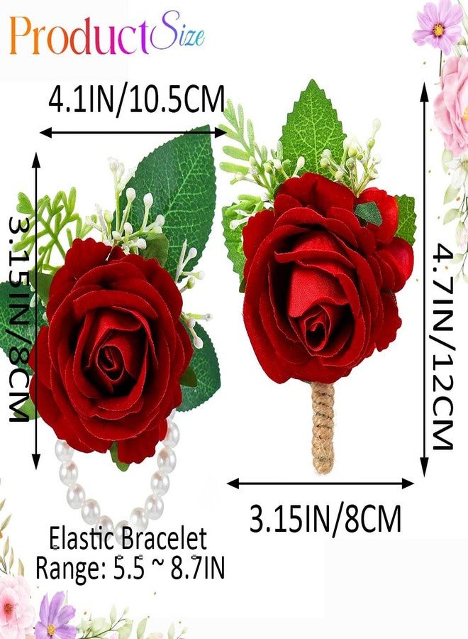 Latious Rose Wrist Corsage and Boutonniere Set Flower Corsage Wristlet for Wedding Prom (Red) - Image 4