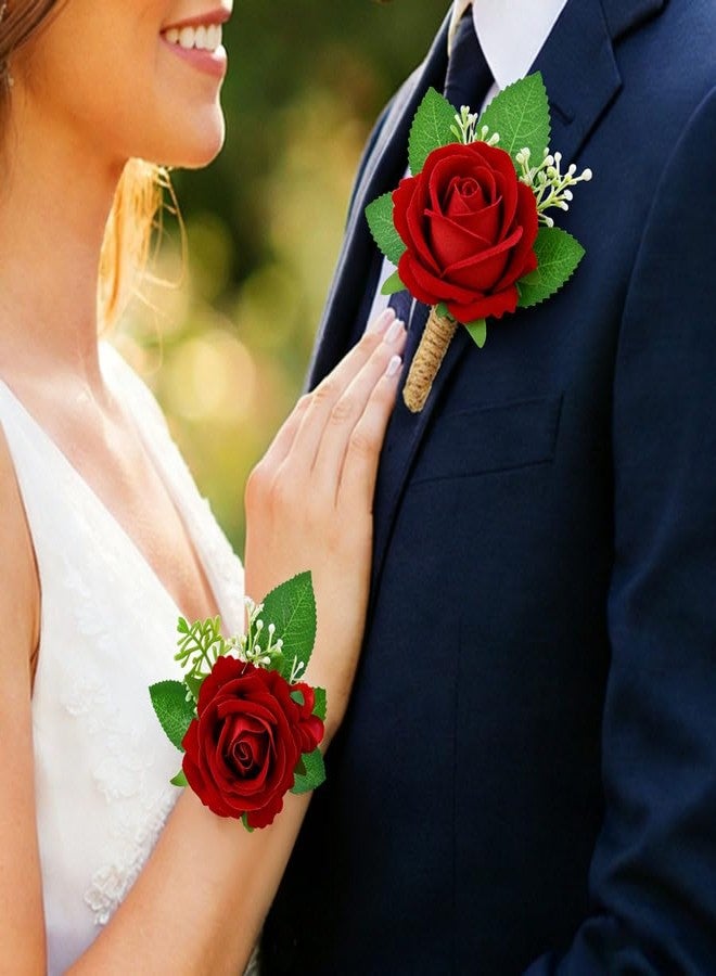 Latious Rose Wrist Corsage and Boutonniere Set Flower Corsage Wristlet for Wedding Prom (Red) - Image 2