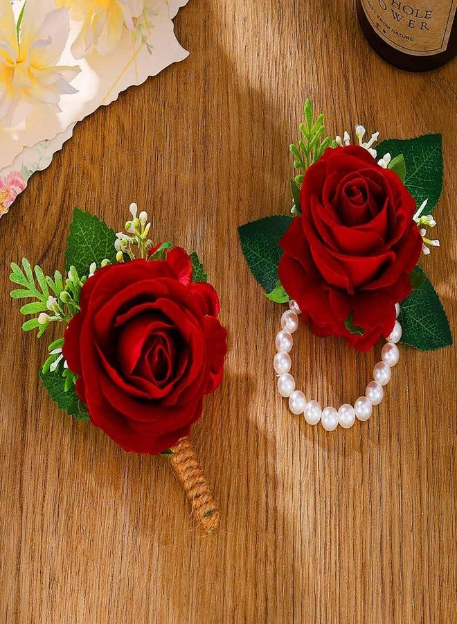 Latious Rose Wrist Corsage and Boutonniere Set Flower Corsage Wristlet for Wedding Prom (Red) - Image 1