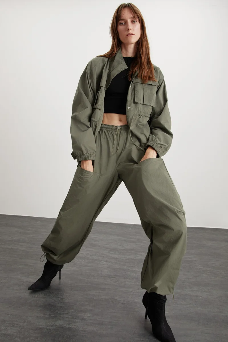 جريميلانج Annelise Women's Waterproof Parachute Fabric Light Khaki Trousers with Elastic Waist and Legs