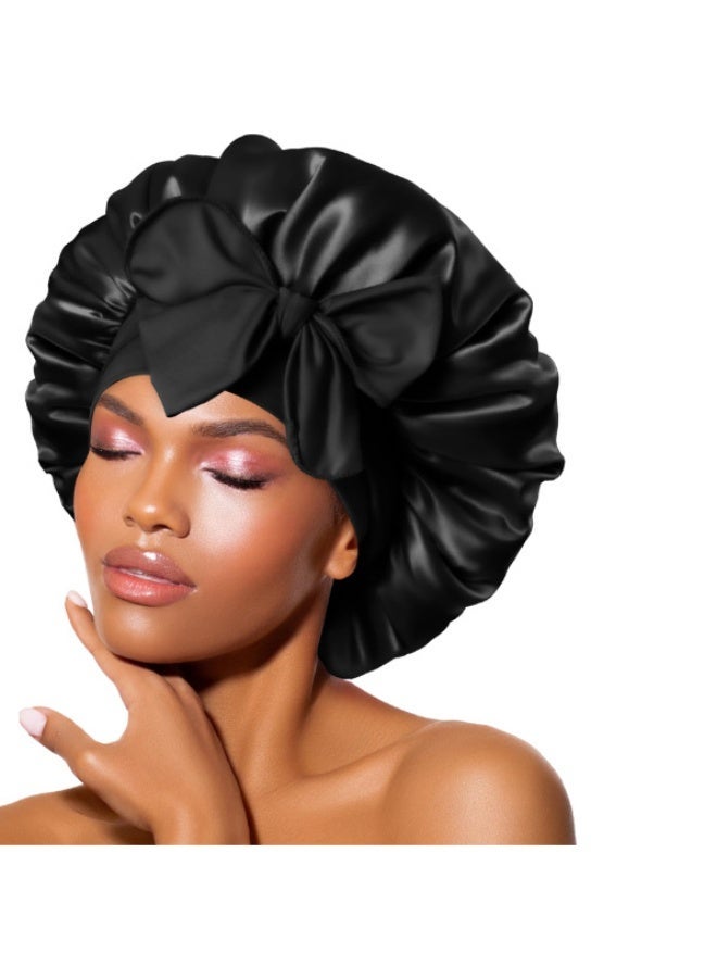 قبعة نوم كبيرة من الساتان بلون موحد مع رباط داخلي وقابلة للتعديل لحماية الشعر، أسود، 36 سم، تصميم مرن، يحمي الشعر، يمنع التكسر والتشابك، يحافظ على تسريحة الشعر ويحتفظ بالرطوبة والمغذيات للاستخدام الليلي والعناية المنزلية بالشعر - Image 3