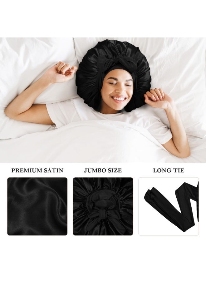 قبعة نوم كبيرة من الساتان بلون موحد مع رباط داخلي وقابلة للتعديل لحماية الشعر، أسود، 36 سم، تصميم مرن، يحمي الشعر، يمنع التكسر والتشابك، يحافظ على تسريحة الشعر ويحتفظ بالرطوبة والمغذيات للاستخدام الليلي والعناية المنزلية بالشعر - Image 4