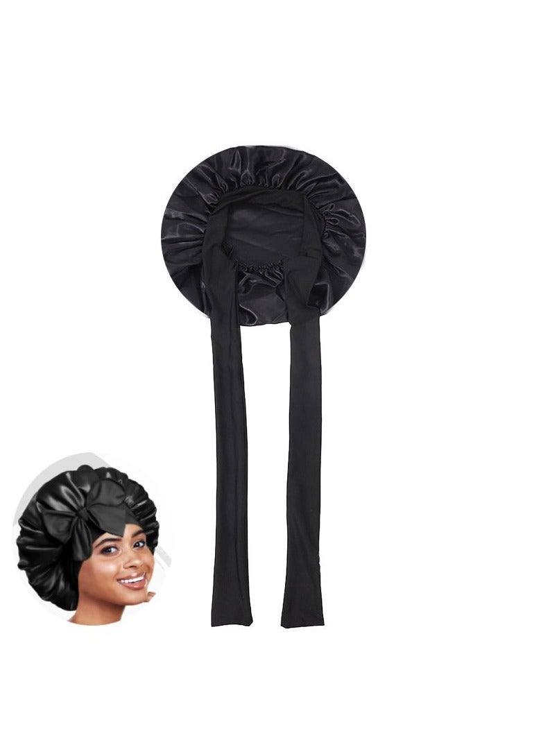 قبعة نوم كبيرة من الساتان بلون موحد مع رباط داخلي وقابلة للتعديل لحماية الشعر، أسود، 36 سم، تصميم مرن، يحمي الشعر، يمنع التكسر والتشابك، يحافظ على تسريحة الشعر ويحتفظ بالرطوبة والمغذيات للاستخدام الليلي والعناية المنزلية بالشعر - Image 1