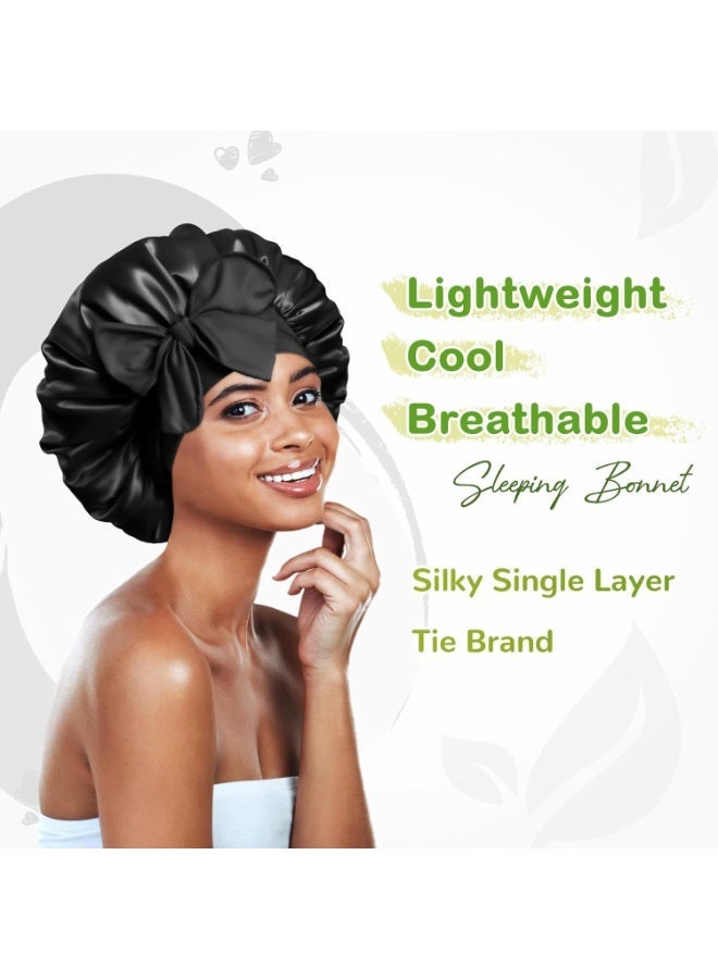 قبعة نوم كبيرة من الساتان بلون موحد مع رباط داخلي وقابلة للتعديل لحماية الشعر، أسود، 36 سم، تصميم مرن، يحمي الشعر، يمنع التكسر والتشابك، يحافظ على تسريحة الشعر ويحتفظ بالرطوبة والمغذيات للاستخدام الليلي والعناية المنزلية بالشعر - Image 5