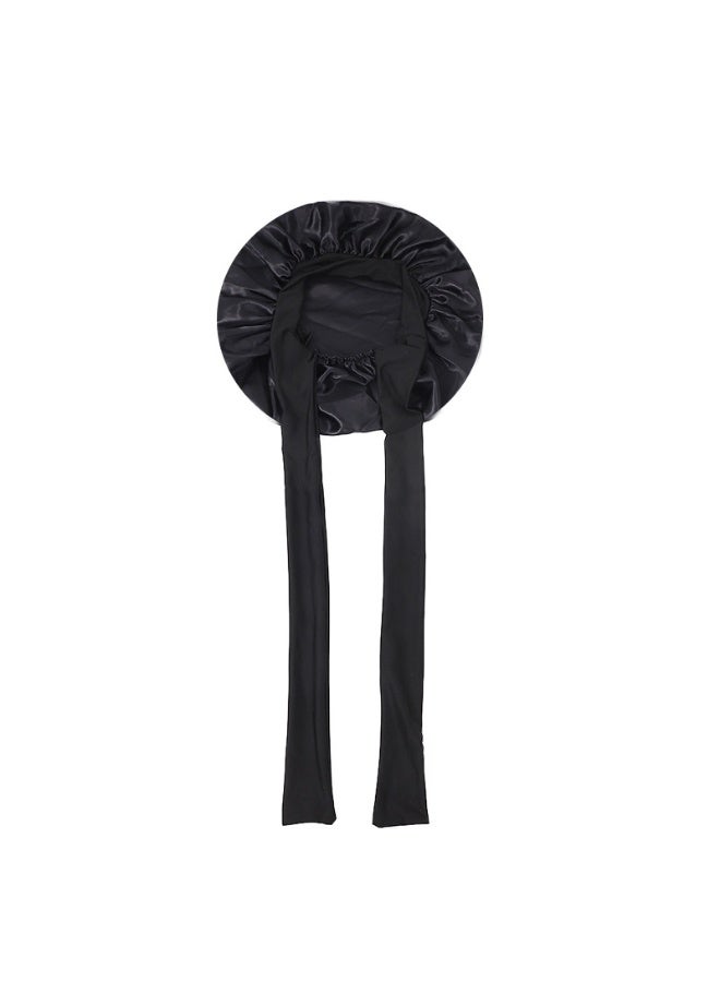 قبعة نوم كبيرة من الساتان بلون موحد مع رباط داخلي وقابلة للتعديل لحماية الشعر، أسود، 36 سم، تصميم مرن، يحمي الشعر، يمنع التكسر والتشابك، يحافظ على تسريحة الشعر ويحتفظ بالرطوبة والمغذيات للاستخدام الليلي والعناية المنزلية بالشعر - Image 2