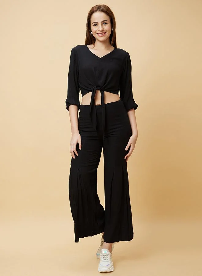 globus Globus Black Casual Crop Top and Flared Pants Co-Ords