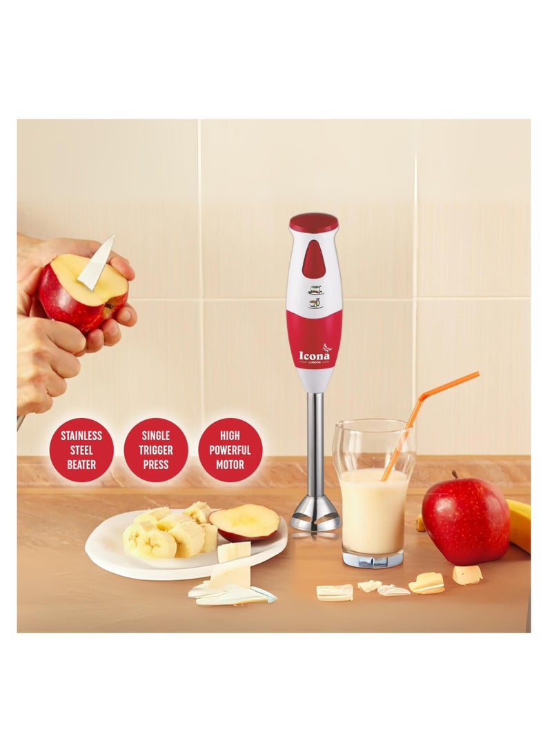 ICONA - ICONA Hand Blender with 200W Motor, 7-Speed Detachable Stainless-Steel Whisk & Beater, Ergonomic Slim Grip Handle – Red & White | Compact and Lightweight for Smoothies, Soups, Sauces, and Batters - Image 1