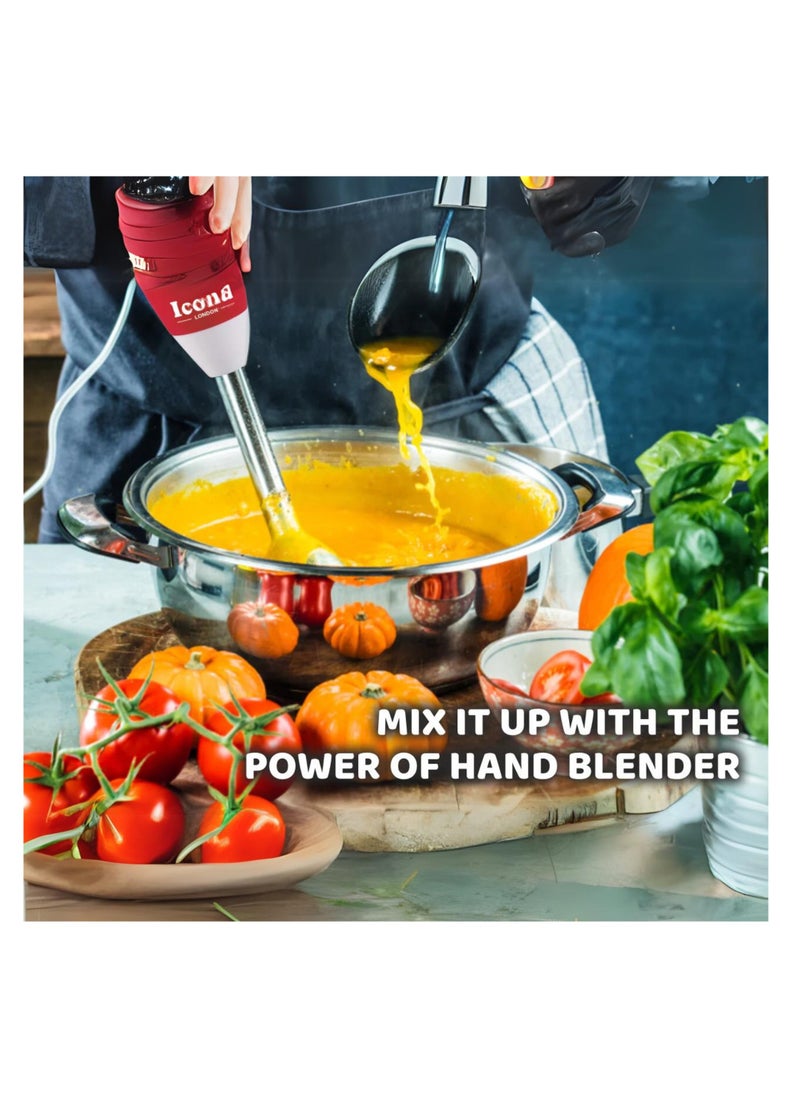 ICONA - ICONA Hand Blender with 200W Motor, 7-Speed Detachable Stainless-Steel Whisk & Beater, Ergonomic Slim Grip Handle – Red & White | Compact and Lightweight for Smoothies, Soups, Sauces, and Batters - Image 1