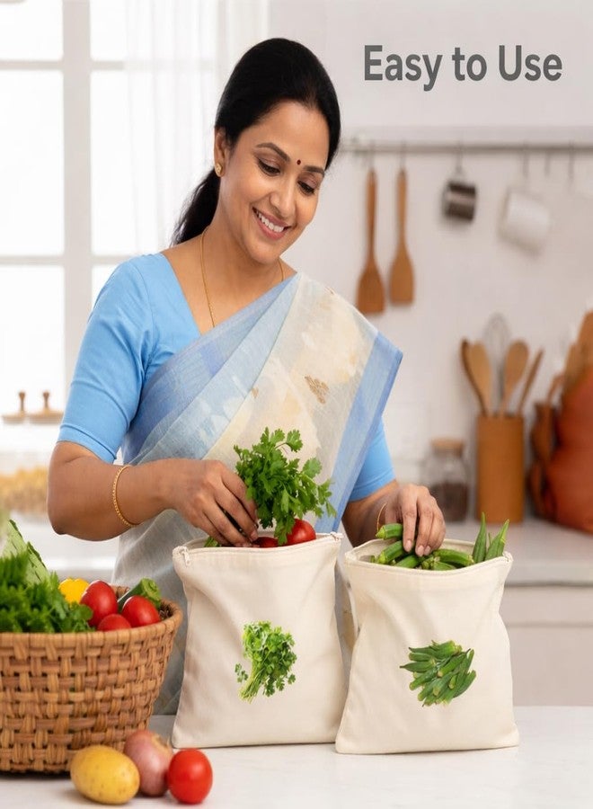 Devera Reusable Cotton Vegetable Bags for Fridge 12x12 Inch, Washable Breathable Cloth Storage Bags for Refrigerator with Zipper, Plastic-Free Kitchen Organizer, White (Set of 3) - Image 4