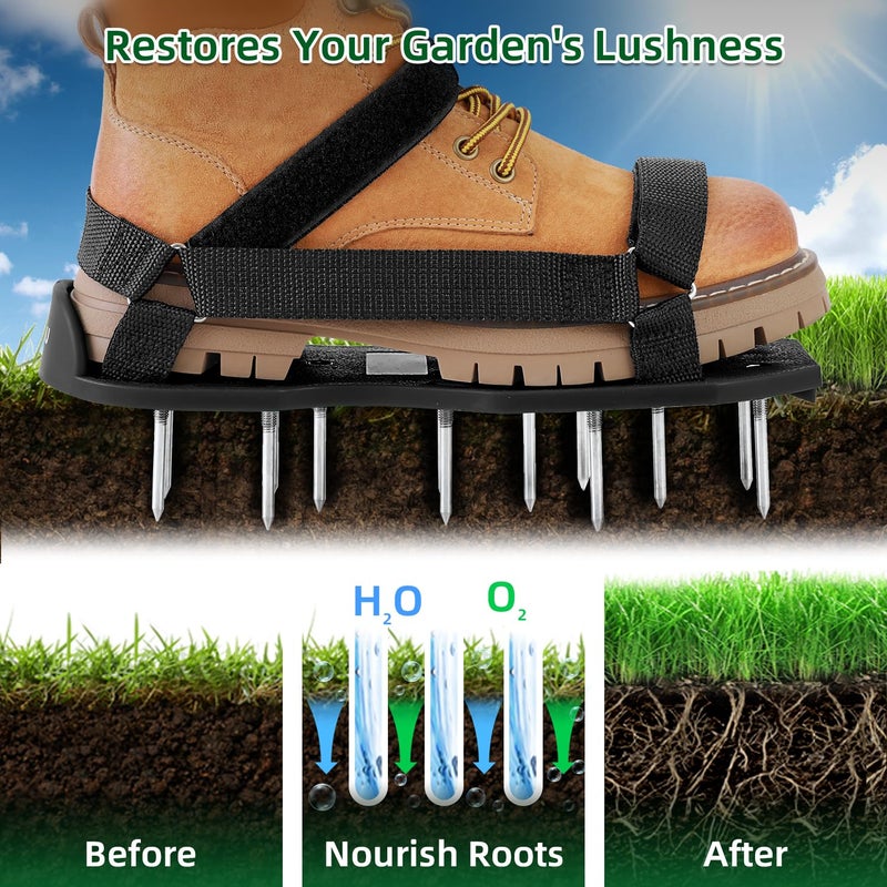 Ohuhu Lawn Aerator Shoes with Stainless Steel Shovel, Free-Installation Aerating Shoe with Hook&Loop Straps, Heavy Duty One-Size-Fits-All Spiked Aerating Sandals for Garden Grass - Image 2