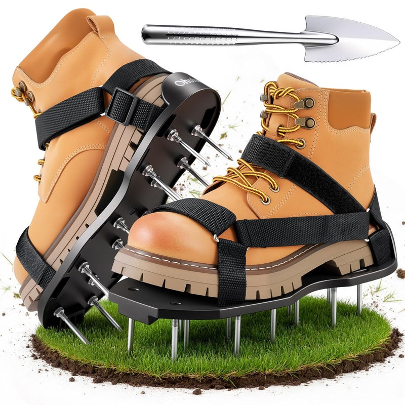 Ohuhu Lawn Aerator Shoes with Stainless Steel Shovel, Free-Installation Aerating Shoe with Hook&Loop Straps, Heavy Duty One-Size-Fits-All Spiked Aerating Sandals for Garden Grass - Image 1