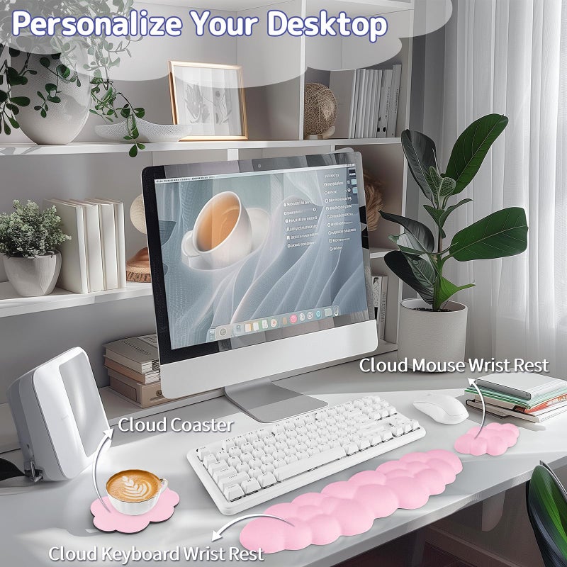 Sushret Cloud Wrist Rest Keyboard, Cloud Keyboard Wrist Pad Set with PU Leather Memory Foam, Cute Arm Rest for Palm Support, PC/Gaming Desk Accessories/Office Setup/Computer Hand Cushion - Pink - Image 2