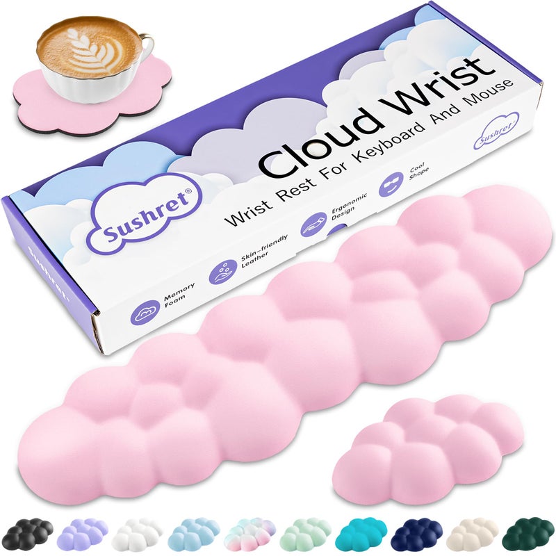 Sushret Cloud Wrist Rest Keyboard, Cloud Keyboard Wrist Pad Set with PU Leather Memory Foam, Cute Arm Rest for Palm Support, PC/Gaming Desk Accessories/Office Setup/Computer Hand Cushion - Pink - Image 1