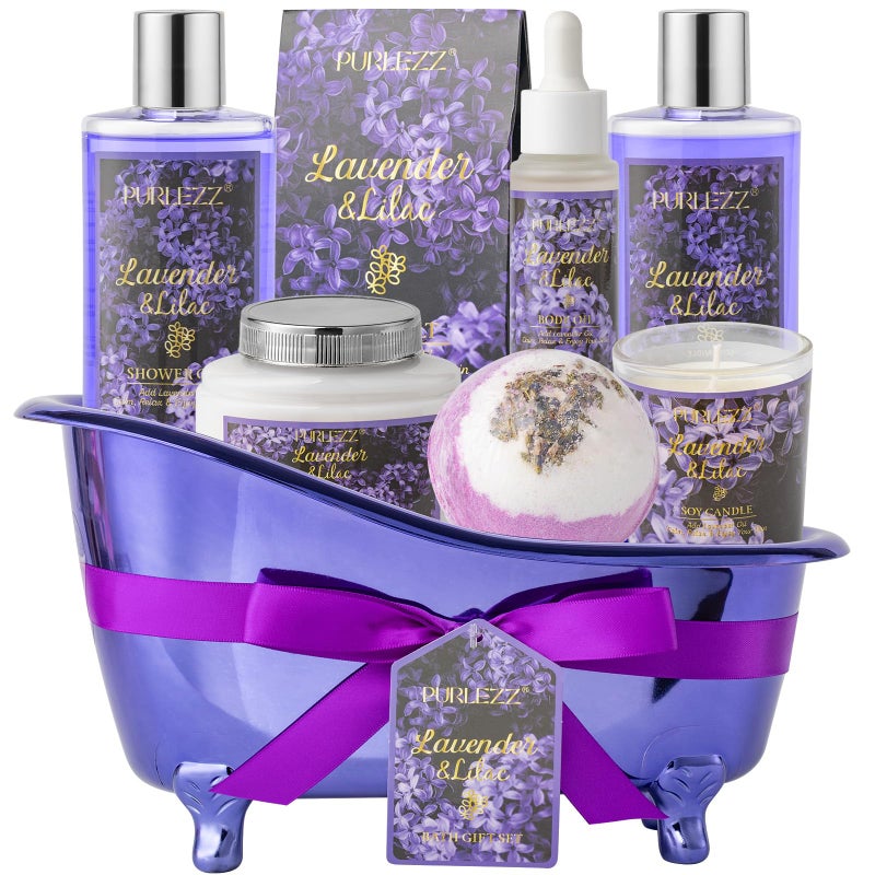 Birthday Gifts for Women Luxury Home Spa Kit 8pcs Lavender Lilac Bath Gift Set Gift Baskets for Women Unique with Bath Bombs Sea Salt Scented Candle Body Lotion