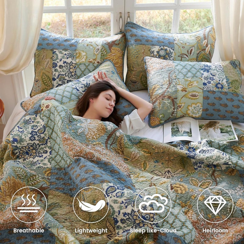 Secgo King Size Comforter Set- 100% Cotton Quilt King Size Set, Green, Sage bedspreads (96 * 108 Inch) with 2 Pillow Shams, Patchwork Reversible Lightweight Bedding - Image 3