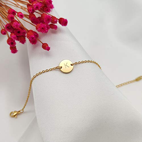 Glimmerst Personalized Initial Bracelet, 18K Gold Plated Stainless Steel Letter K Bracelet Dainty Coin Charm Bracelet Delicate Disc Name Bracelet for Women - Image 3