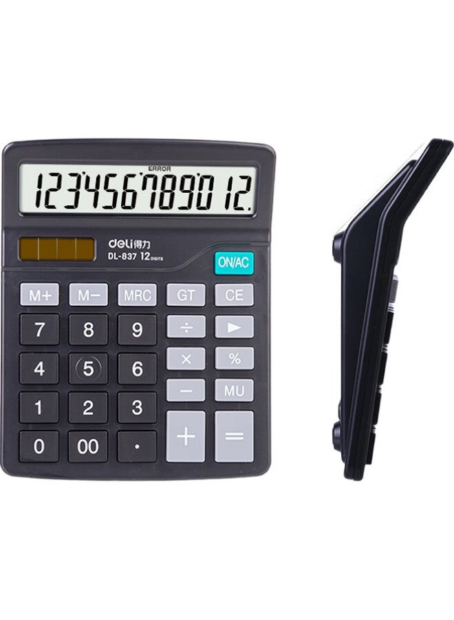 Deli [Super Popular] Dual Power Lightweight Desktop Calculator, 12-Digit Large Screen Desktop Calculator, Office Stationery Supplies, Black 837 - Image 1