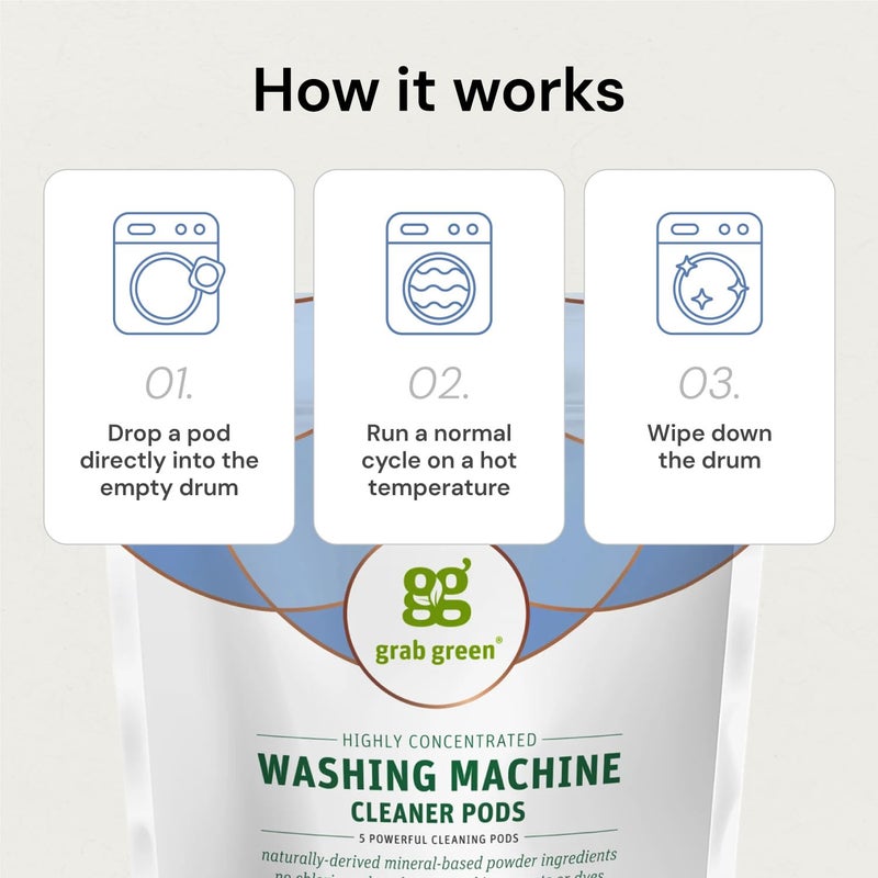 Grab Green Washing Machine Cleaner, 5 Count, Fragrance Free, Mineral Based Removes Deposits and Odors, Naturally Cleans - Image 3