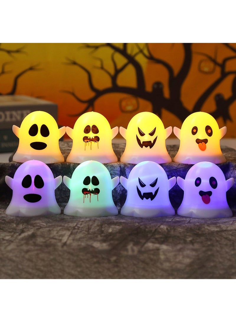 هالوين مجموعة من 8 شموع هالوين، زينة إضاءة شبح الهالوين، شموع بدون لهب تعمل بالبطارية، شموع شاي LED بيضاء مخيفة، هدايا ديكور داخلي للهالوين. - Image 1