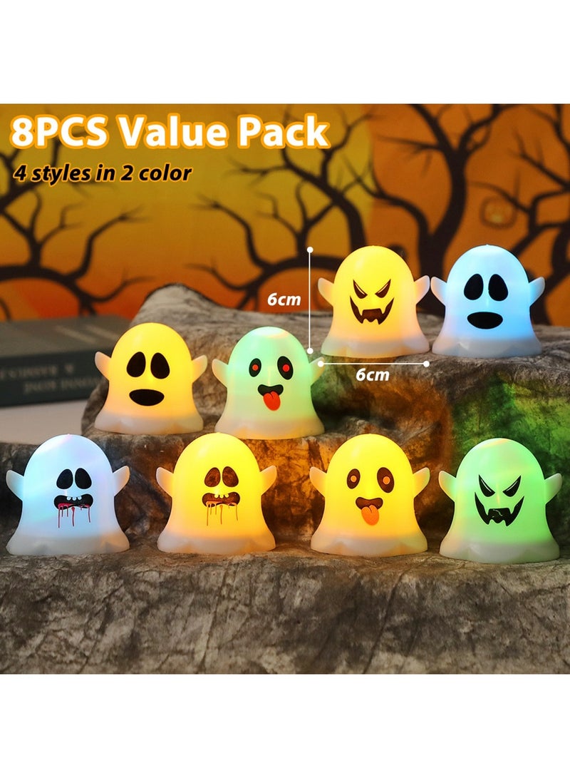هالوين مجموعة من 8 شموع هالوين، زينة إضاءة شبح الهالوين، شموع بدون لهب تعمل بالبطارية، شموع شاي LED بيضاء مخيفة، هدايا ديكور داخلي للهالوين. - Image 3