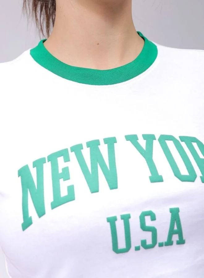 Freehand Women Slim Fit Typography Printed Crew Neck Short Sleeve Cropped T-Shirt
