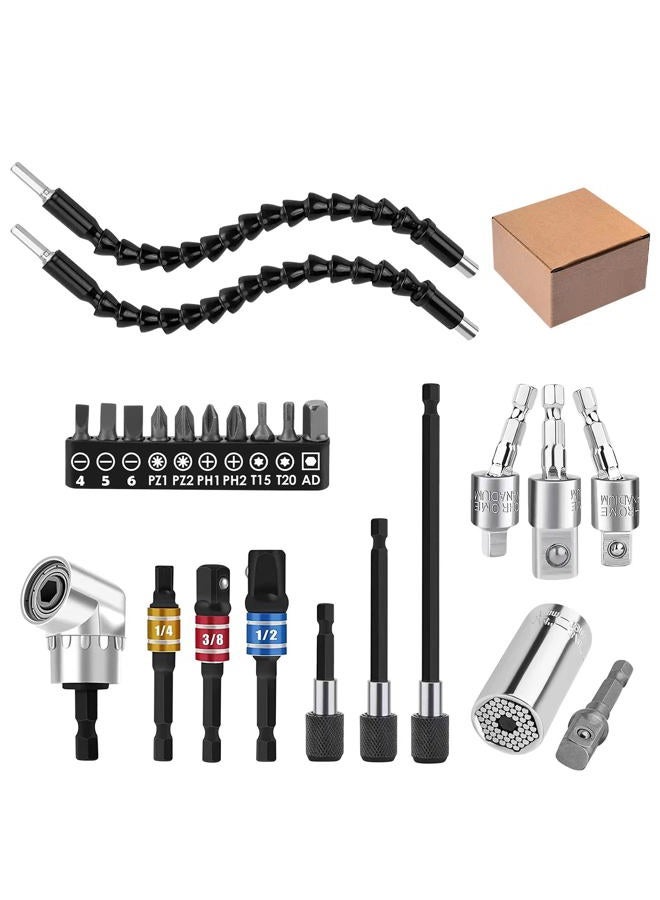 Grednfhat 24pcs Flexible Drill Bit Extension Set, 105°Right Angle Drill Attachmen, Rotatable Joint Socket 1/4 3/8 1/2 Inch Hex Socket Adapter Socket Bendable Drill Bit Extension Screwdriver with a Box (Black) - Image 1