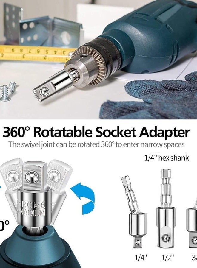 Grednfhat 24pcs Flexible Drill Bit Extension Set, 105°Right Angle Drill Attachmen, Rotatable Joint Socket 1/4 3/8 1/2 Inch Hex Socket Adapter Socket Bendable Drill Bit Extension Screwdriver with a Box (Black) - Image 5
