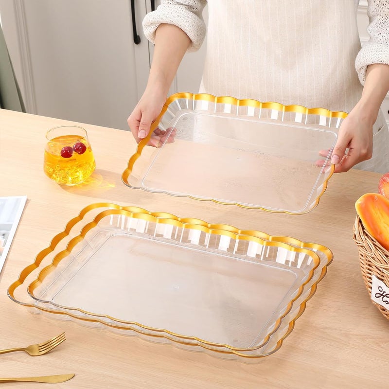 Rtteri 6 Pcs Clear Plastic Serving Trays with Gold Trim 14 x 10 16 x 11 18 x 12 5 Rectangular Acrylic Wave Serving Platters Reusable Transparent Fruit Appetizer Trays for Party Wedding - Image 4