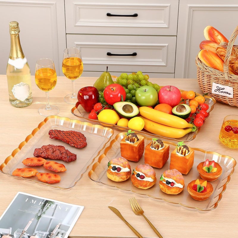 Rtteri 6 Pcs Clear Plastic Serving Trays with Gold Trim 14 x 10 16 x 11 18 x 12 5 Rectangular Acrylic Wave Serving Platters Reusable Transparent Fruit Appetizer Trays for Party Wedding - Image 3