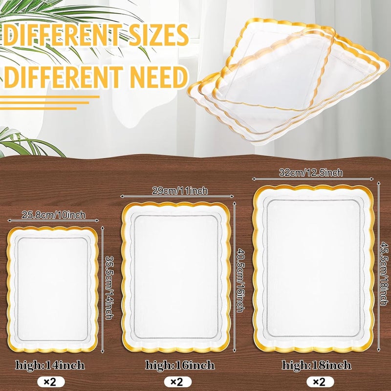 Rtteri 6 Pcs Clear Plastic Serving Trays with Gold Trim 14 x 10 16 x 11 18 x 12 5 Rectangular Acrylic Wave Serving Platters Reusable Transparent Fruit Appetizer Trays for Party Wedding - Image 2