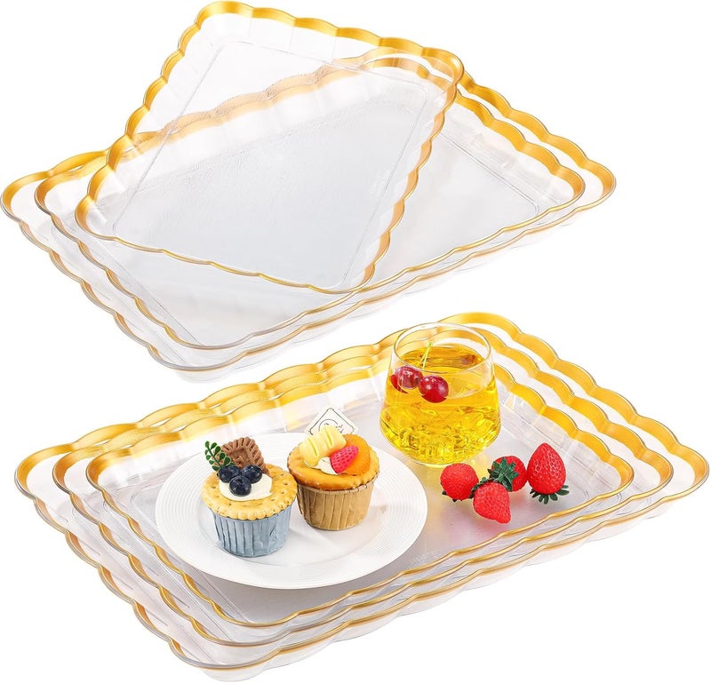 Rtteri 6 Pcs Clear Plastic Serving Trays with Gold Trim 14 x 10 16 x 11 18 x 12 5 Rectangular Acrylic Wave Serving Platters Reusable Transparent Fruit Appetizer Trays for Party Wedding - Image 1
