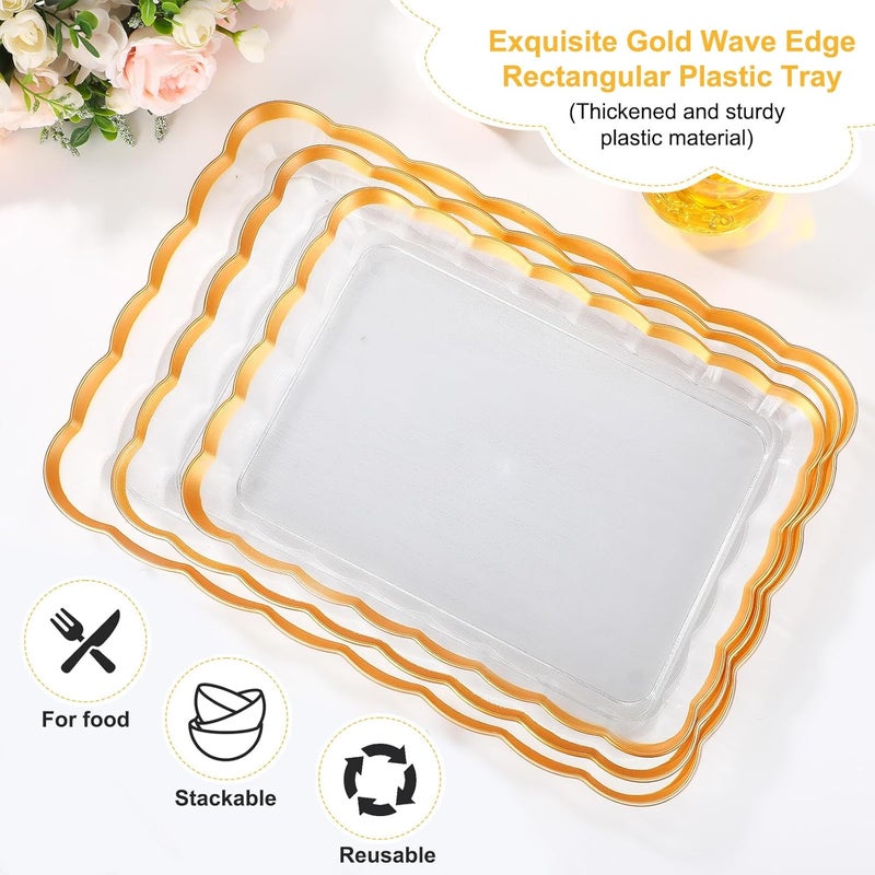Rtteri 6 Pcs Clear Plastic Serving Trays with Gold Trim 14 x 10 16 x 11 18 x 12 5 Rectangular Acrylic Wave Serving Platters Reusable Transparent Fruit Appetizer Trays for Party Wedding - Image 5