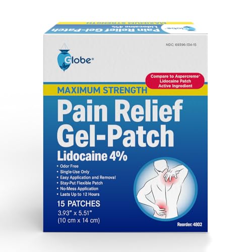 Globe -15 Pack - Maximum Strength OTC Pain Relief 4% Lidocaine Patch, 3.9” x 5.5”, Temporary Relief of Pain, Back, Neck, Shoulders, Knees, Elbows, Minor Skin Irritations 15-Count Box - Image 1