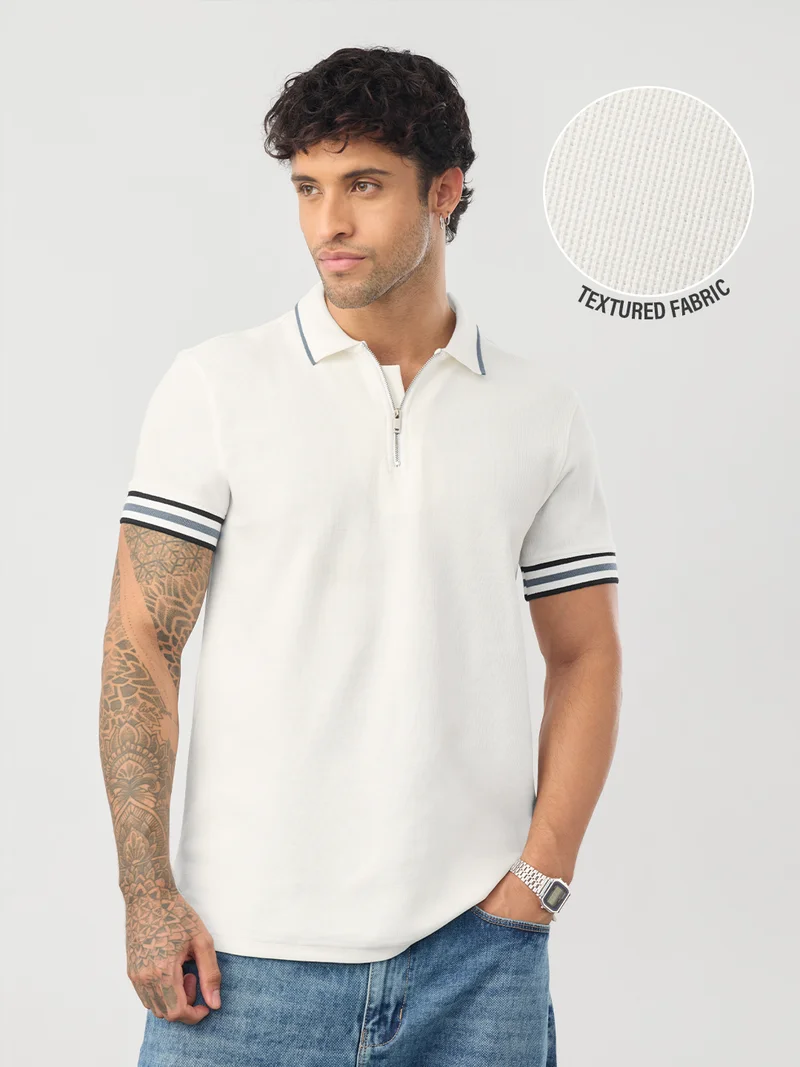 The Souled Store: Waffle Knit Moonlight Men and Boys Short Sleeve Spread Collar White Solid Textured Cotton Blend Regular Fit Zip Placket Lightweight Everyday Polo Shirts