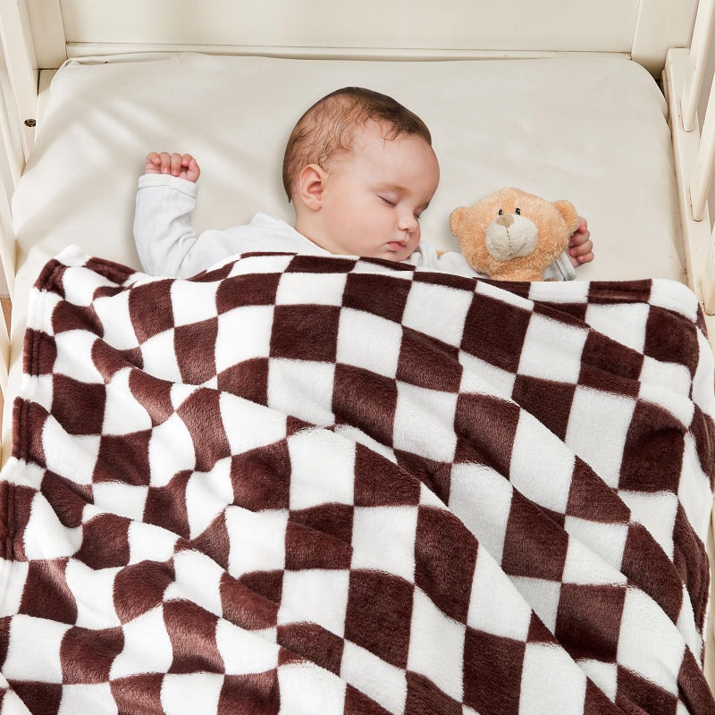 Yurhap Checkered Baby Blanket Fleece Baby Blankets Neutral for Boys Girls, Super Soft Warm Lightweight Infant Toddler Newborn Receiving Gifts for Crib Stroller, 30x40 Inch, Brown - Image 3