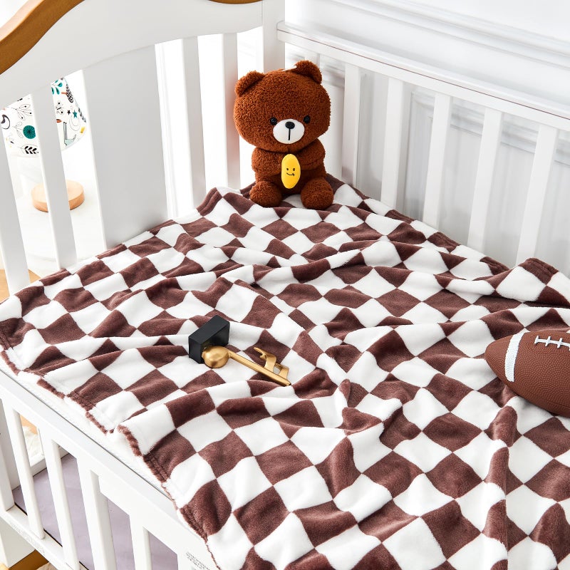 Yurhap Checkered Baby Blanket Fleece Baby Blankets Neutral for Boys Girls, Super Soft Warm Lightweight Infant Toddler Newborn Receiving Gifts for Crib Stroller, 30x40 Inch, Brown - Image 2