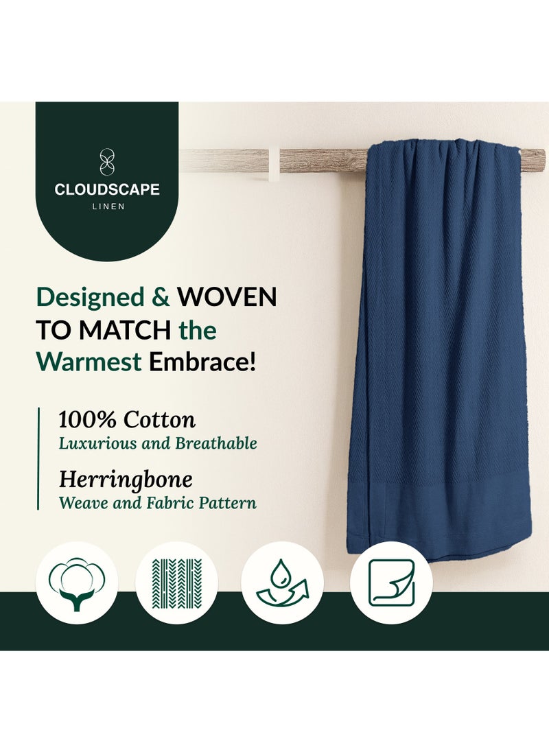Cloud Scape Linen 100% Cotton Herringbone Blanket for All Season, Soft and Breathable Thermal Blanket,Ensign Blue  - Image 3