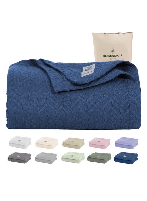 100% Cotton Herringbone Blanket for All Season, Soft and Breathable Thermal Blanket,Ensign Blue