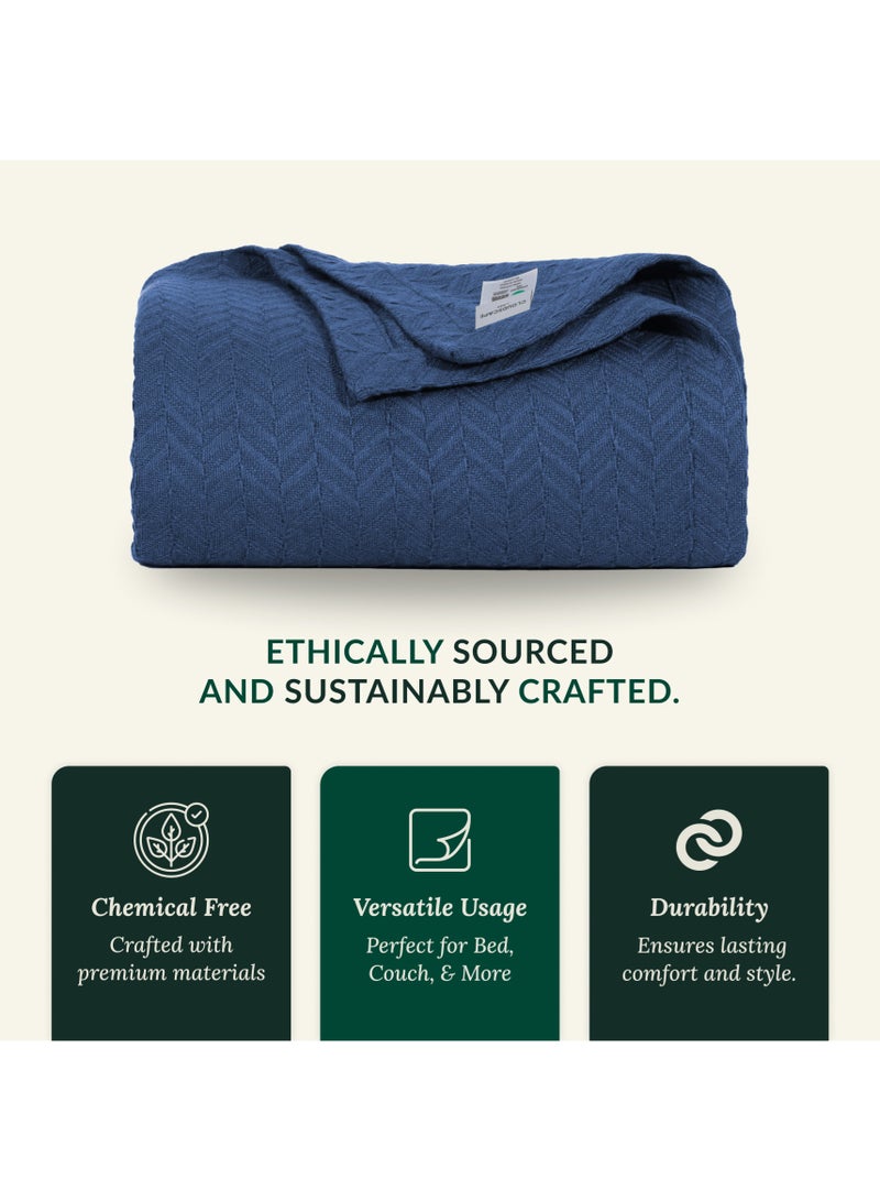 Cloud Scape Linen 100% Cotton Herringbone Blanket for All Season, Soft and Breathable Thermal Blanket,Ensign Blue - Image 5