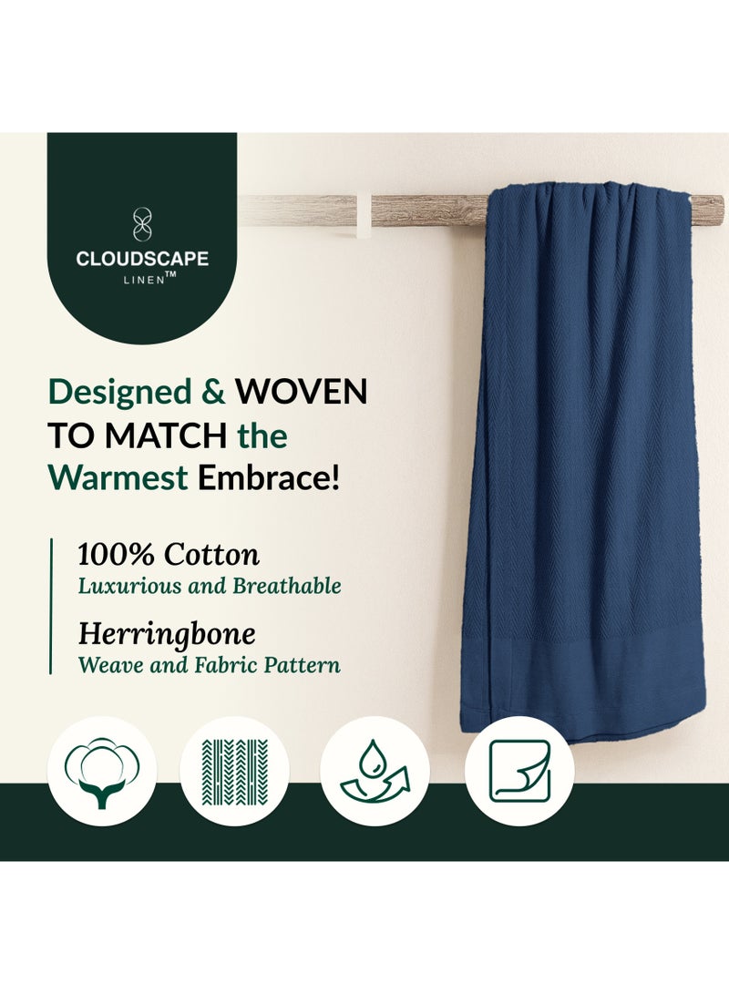Cloud Scape Linen 100% Cotton Herringbone Blanket for All Season, Soft and Breathable Thermal Blanket,Ensign Blue - Image 3