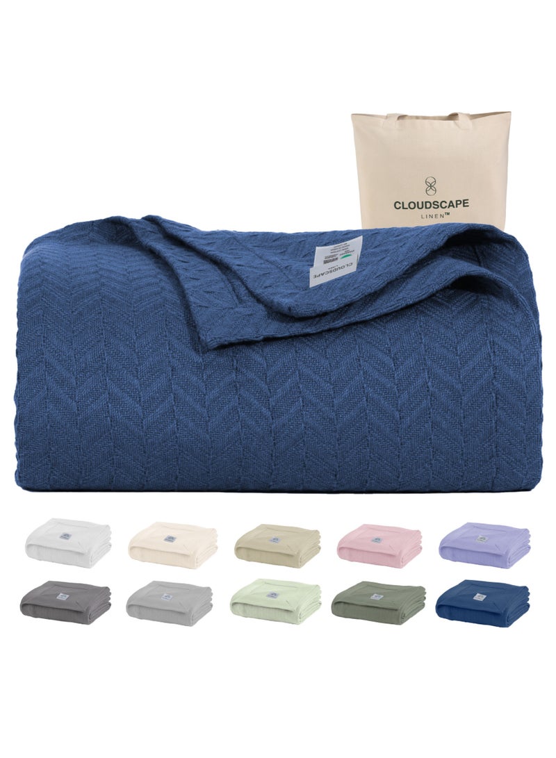 Cloud Scape Linen 100% Cotton Herringbone Blanket for All Season, Soft and Breathable Thermal Blanket,Ensign Blue - Image 2