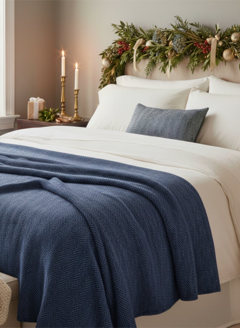 Cloud Scape Linen 100% Cotton Herringbone Blanket for All Season, Soft and Breathable Thermal Blanket,Ensign Blue - Image 1