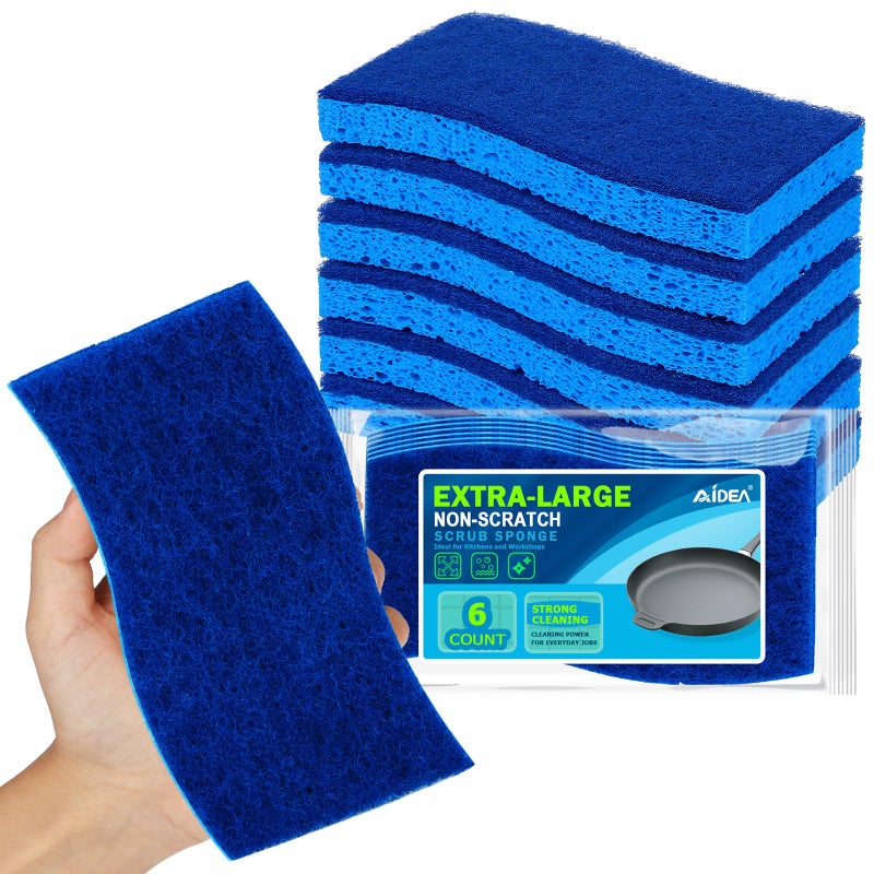 AIDEA XL Scrub Sponges Non-Scratch 6Count, Extra Large Sponges Kitchen, Sponge for Dishes, Cleans Fast Without Scratching Safe for Non-Stick Cookware, Cleaning Power for Kitchen, House - Image 1