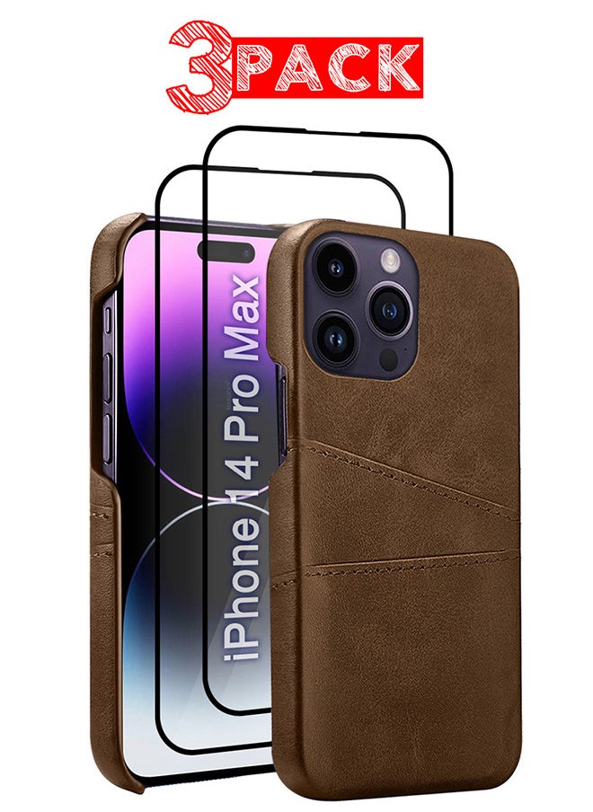 CATANES iPhone 14 Pro Max 3Packs Case Cover Leather with Card Holder for Men Women Phone Case with 3D Screen Protector  - Brown  - Image 1