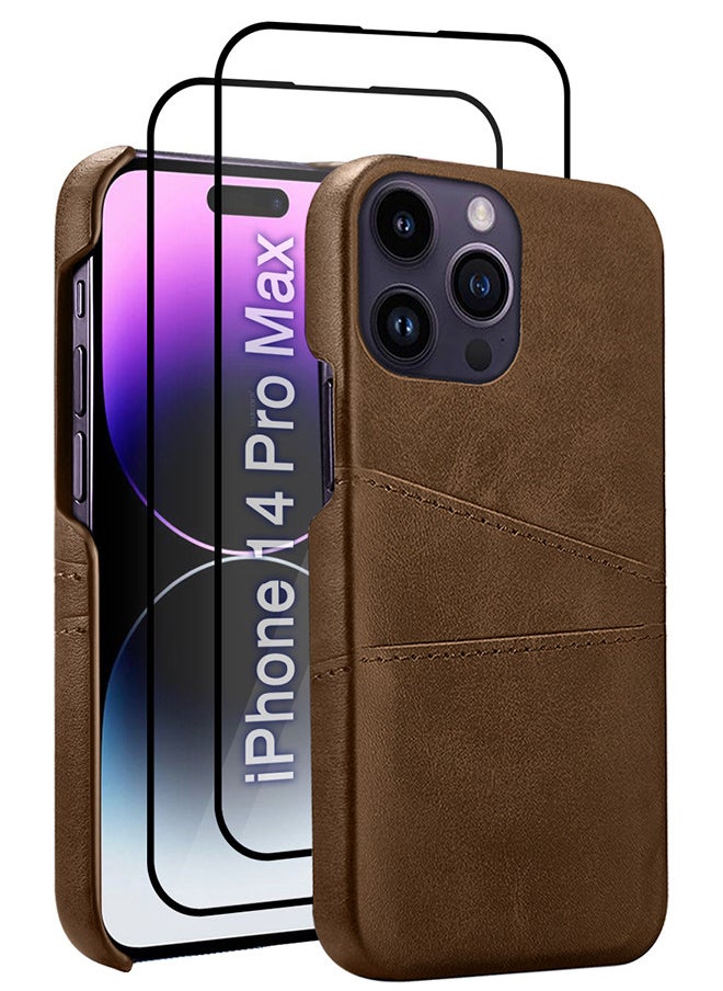 CATANES - iPhone 14 Pro Max 3Packs Case Cover Leather with Card Holder for Men Women Phone Case with 3D Screen Protector  - Brown - Image 1