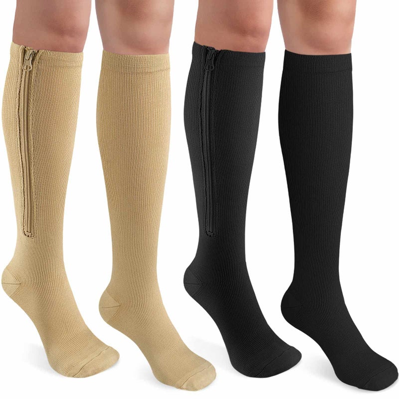 CASMON 2 Pairs Zipper Compression Socks for Women & Men,15-20 mmHg Closed Toe Knee High Support Sock for Varicose Vein Edema - Image 1