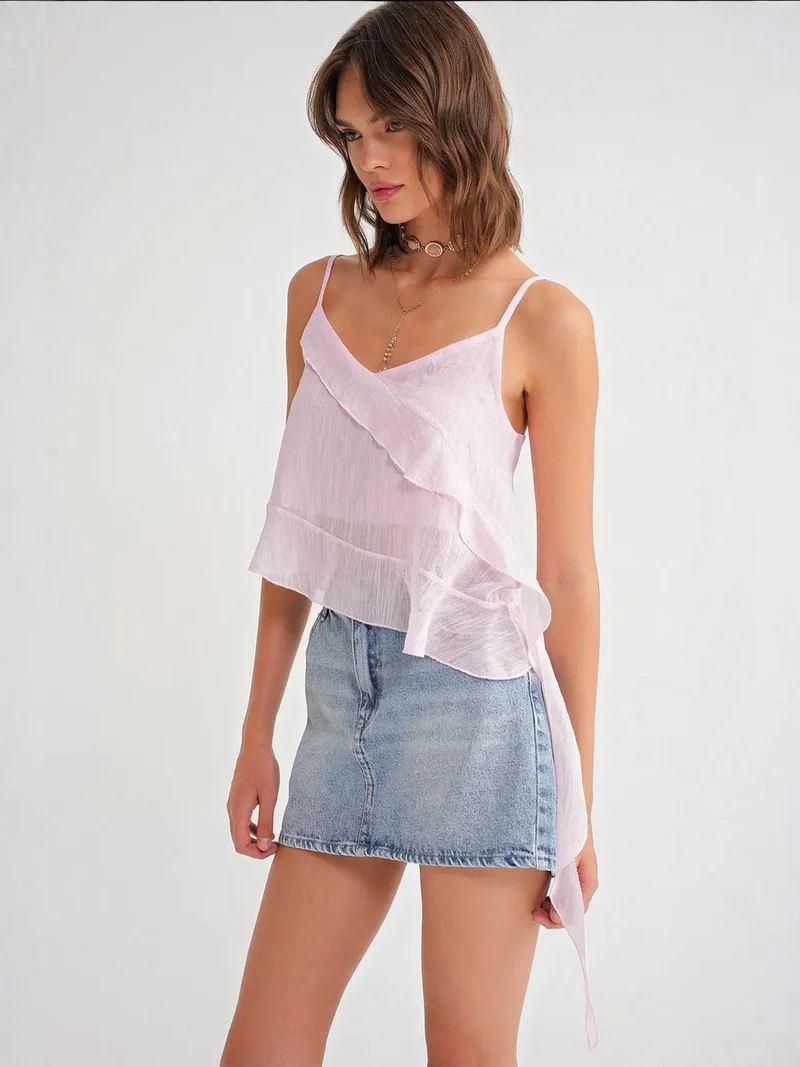 MixRay Mixray Frilly Textured V-Neck Crop Top