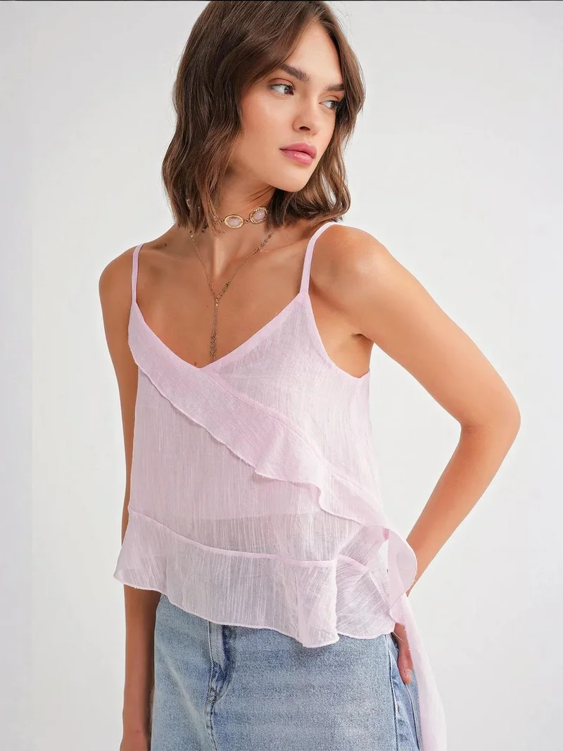 MixRay Mixray Frilly Textured V-Neck Crop Top